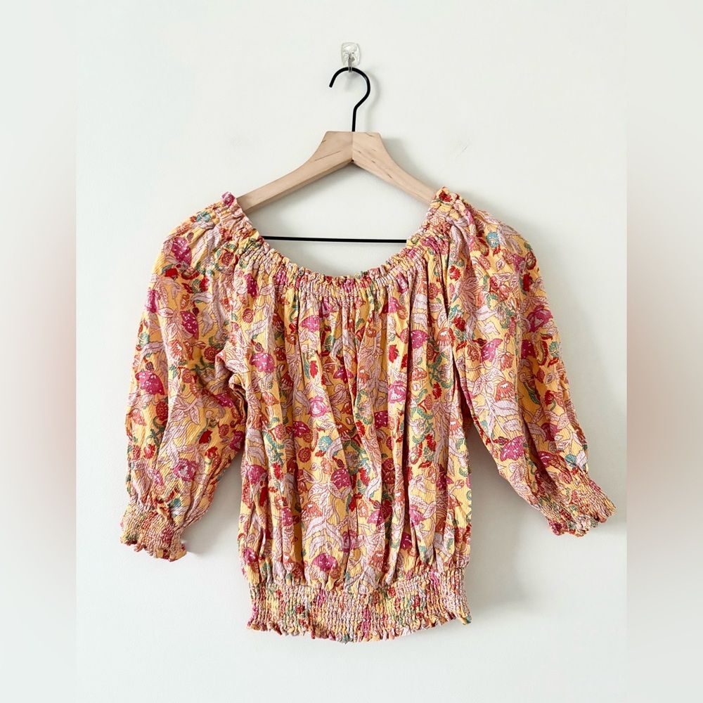 cupcakes & cashmere Off The Shoulder Blouse w/Smocked Hem in Pink Orange Size S